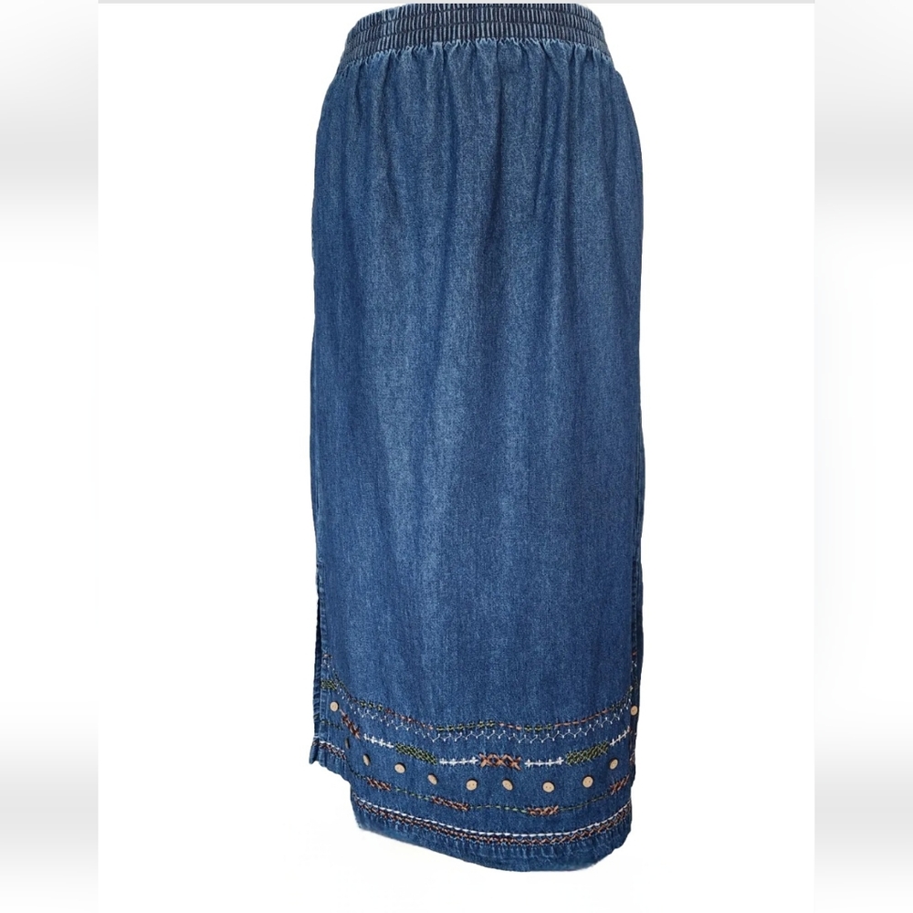 Embroidered Denim Maxi Skirt - Blue
